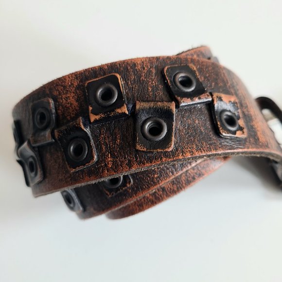 Bill Adler Design brown leather belt with metal setails. - Picture 2 of 12